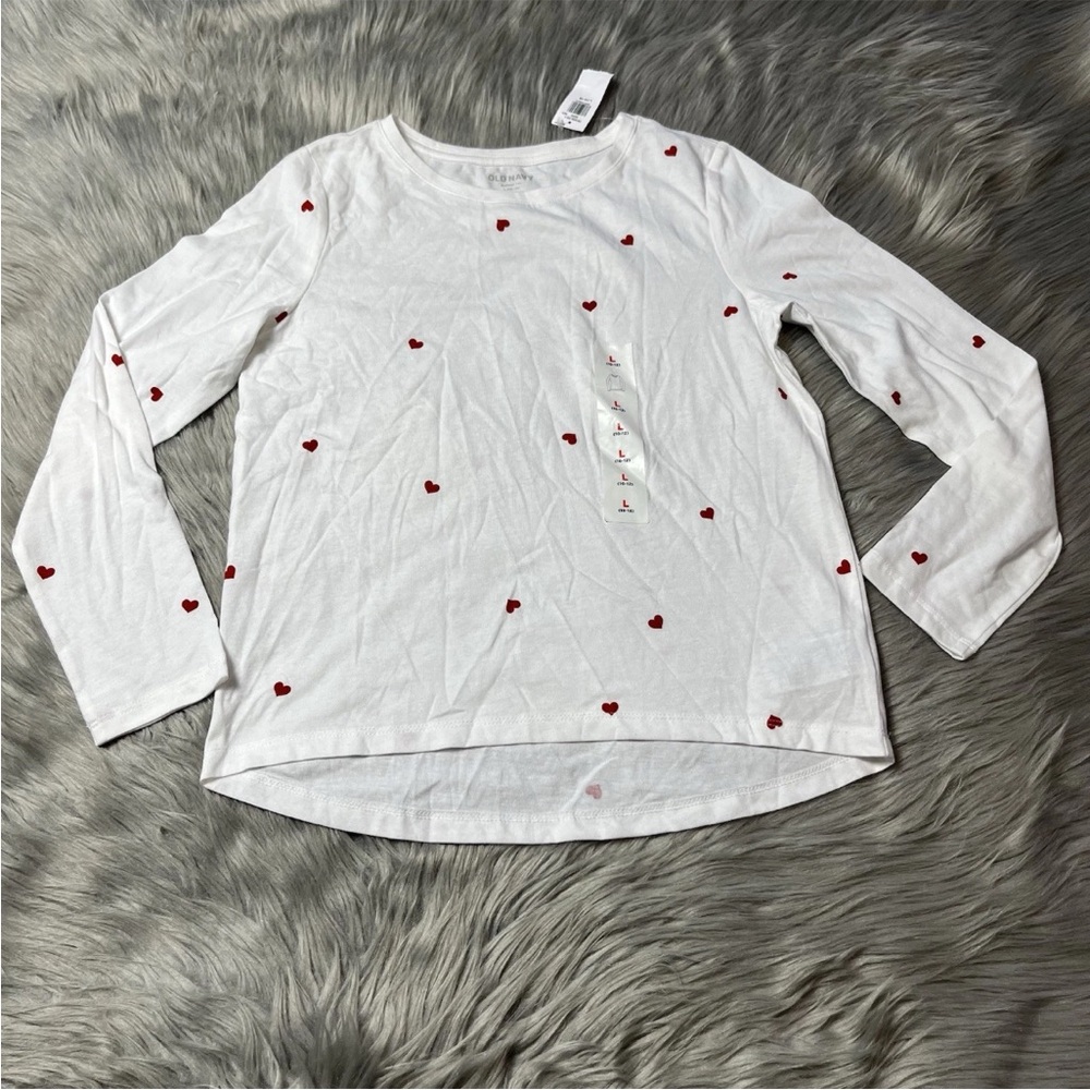 Old Navy White Red Heart Print Girls Long Sleeve Shirt Size Large 10/12